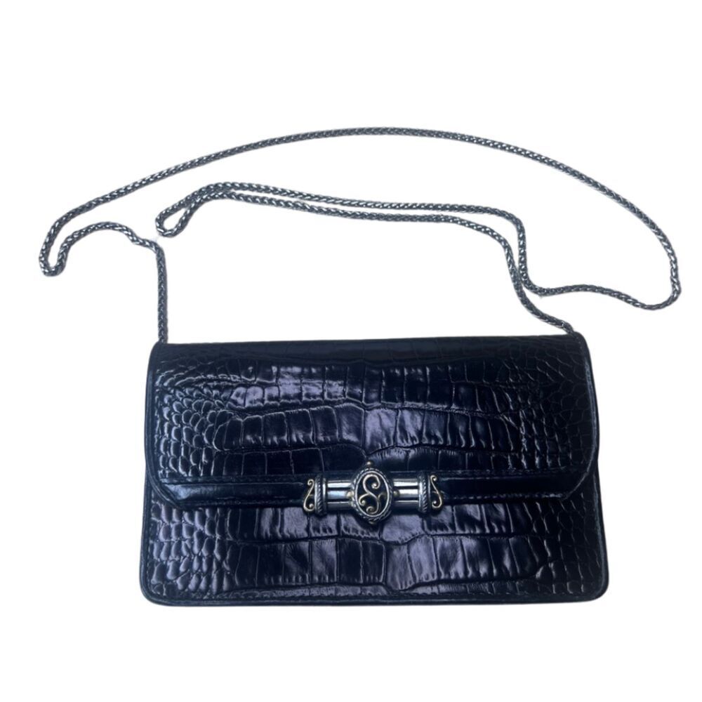 Brighton Black Leather Faux Crocodile Crossbody Wallet Purse Clutch